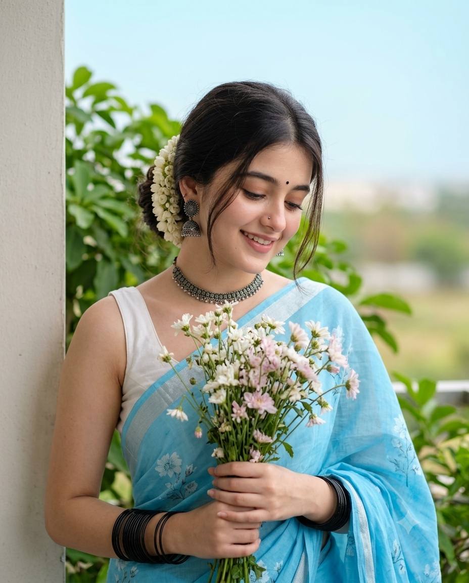Beautiful Indian Woman in Sky Blue Saree with Gajra and Wildflowers | Ultra-Realistic 8K AI Image Prompt