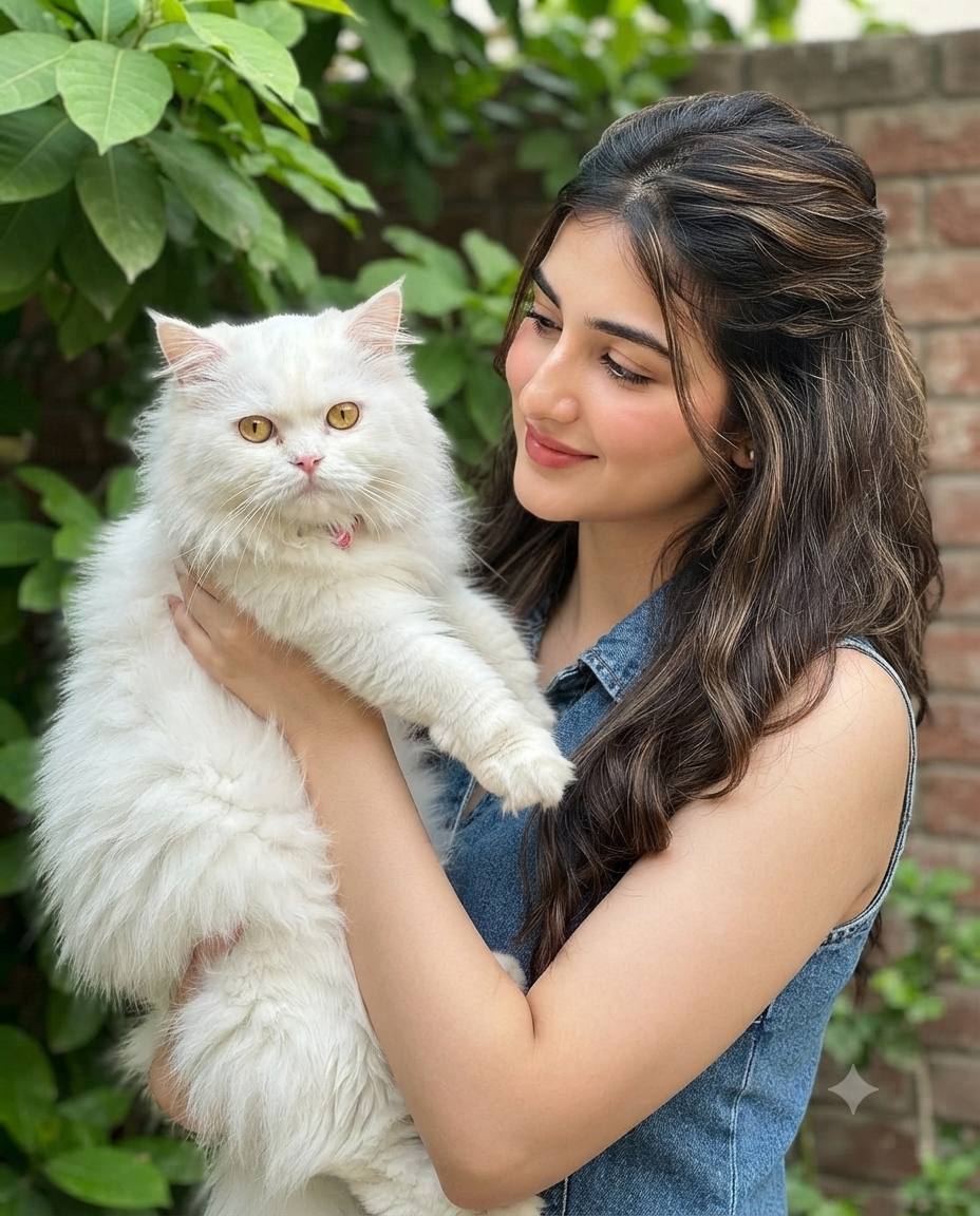 Ultra-Realistic South Asian Woman with White Persian Cat | AI Image Prompt