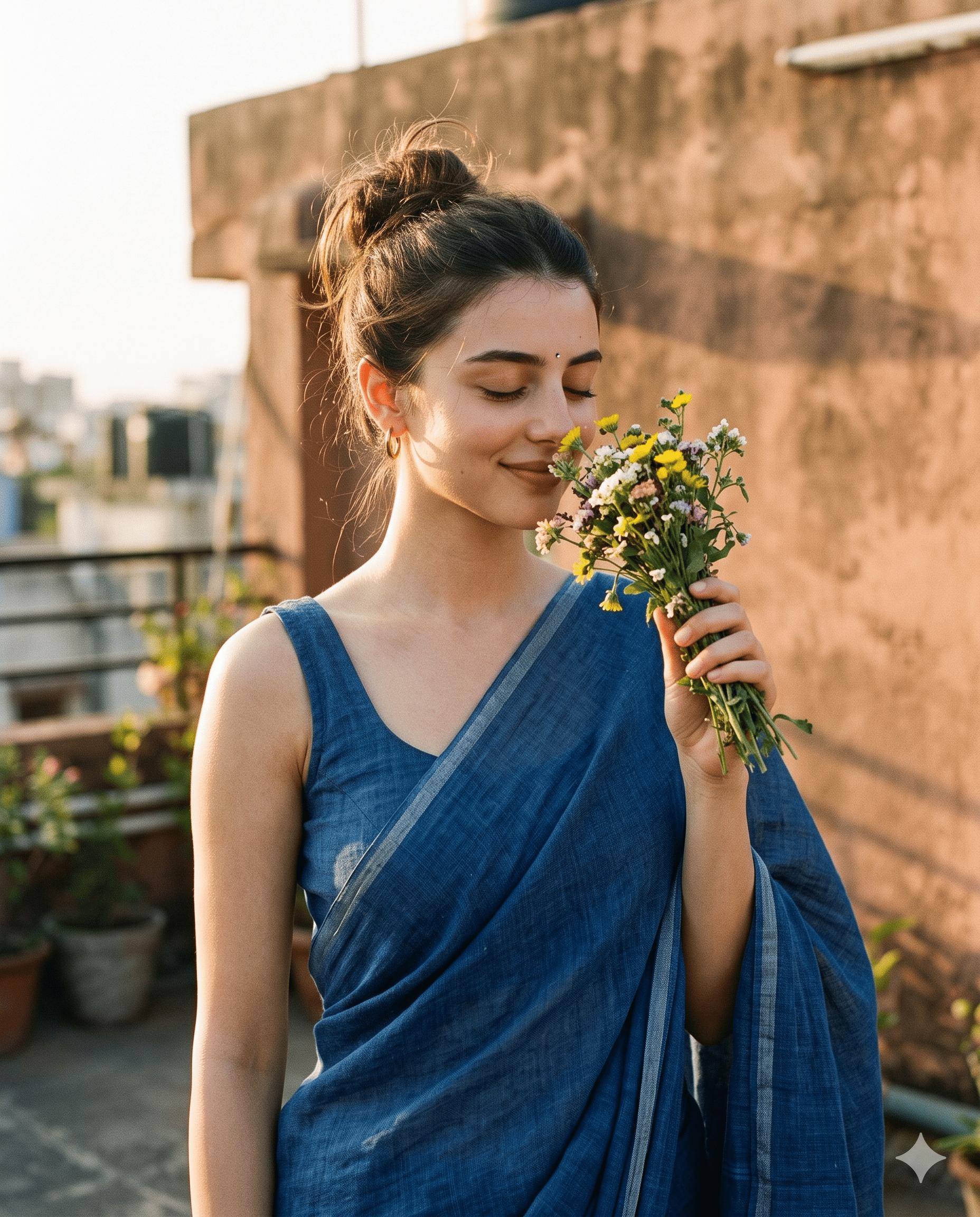 Woman Portrait AI Image Prompt Gemini | Indigo Blue Saree & Golden-Hour Rooftop Aesthetic