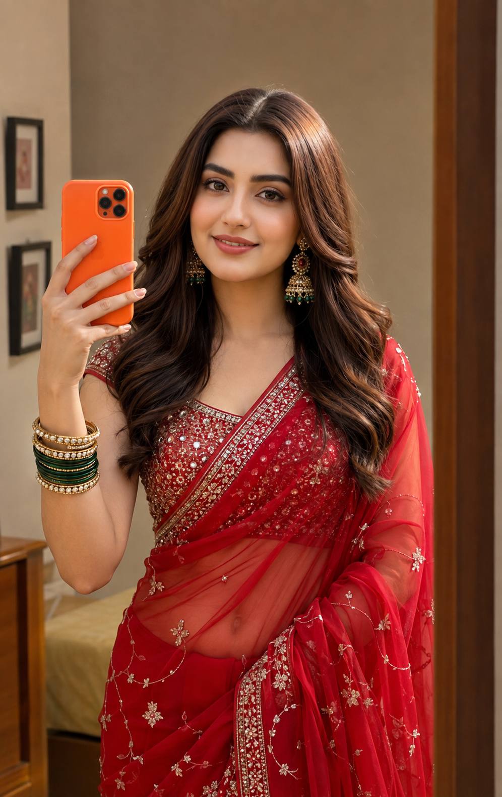 Beautiful South Asian Woman in Red Saree Mirror Selfie | Ultra-Realistic 8K AI Image Prompt