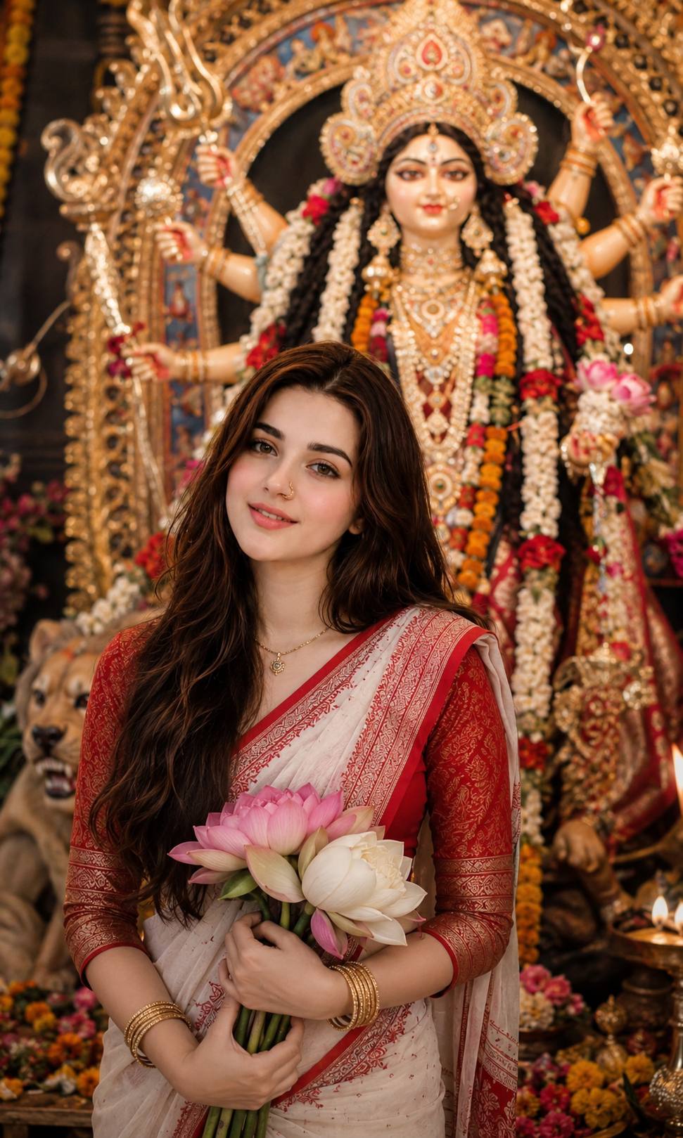 Beautiful Woman in White and Red Saree Holding Lotus Flowers Before Goddess Durga AI Image Prompt