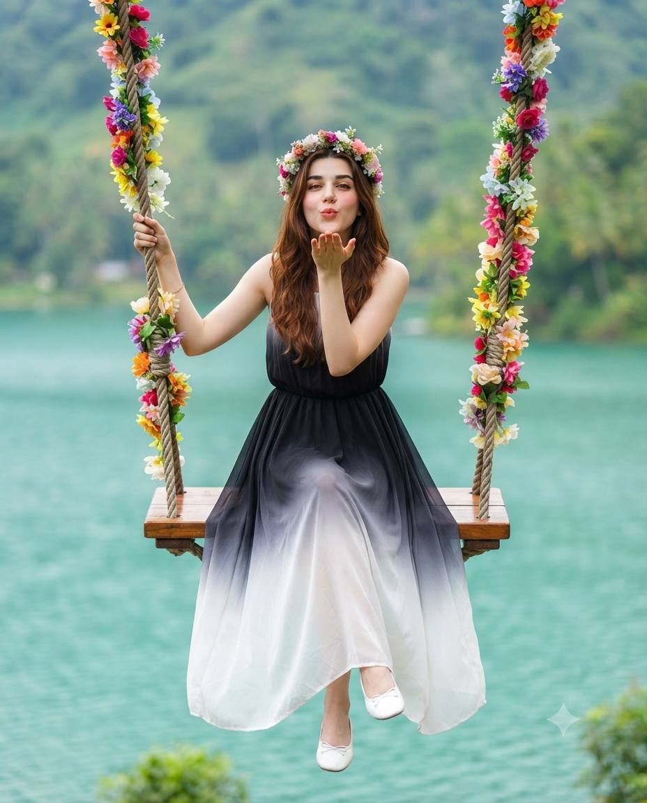 Beautiful Woman on Floral Swing by Turquoise Lake | Ultra-Realistic 8K AI Image Prompt