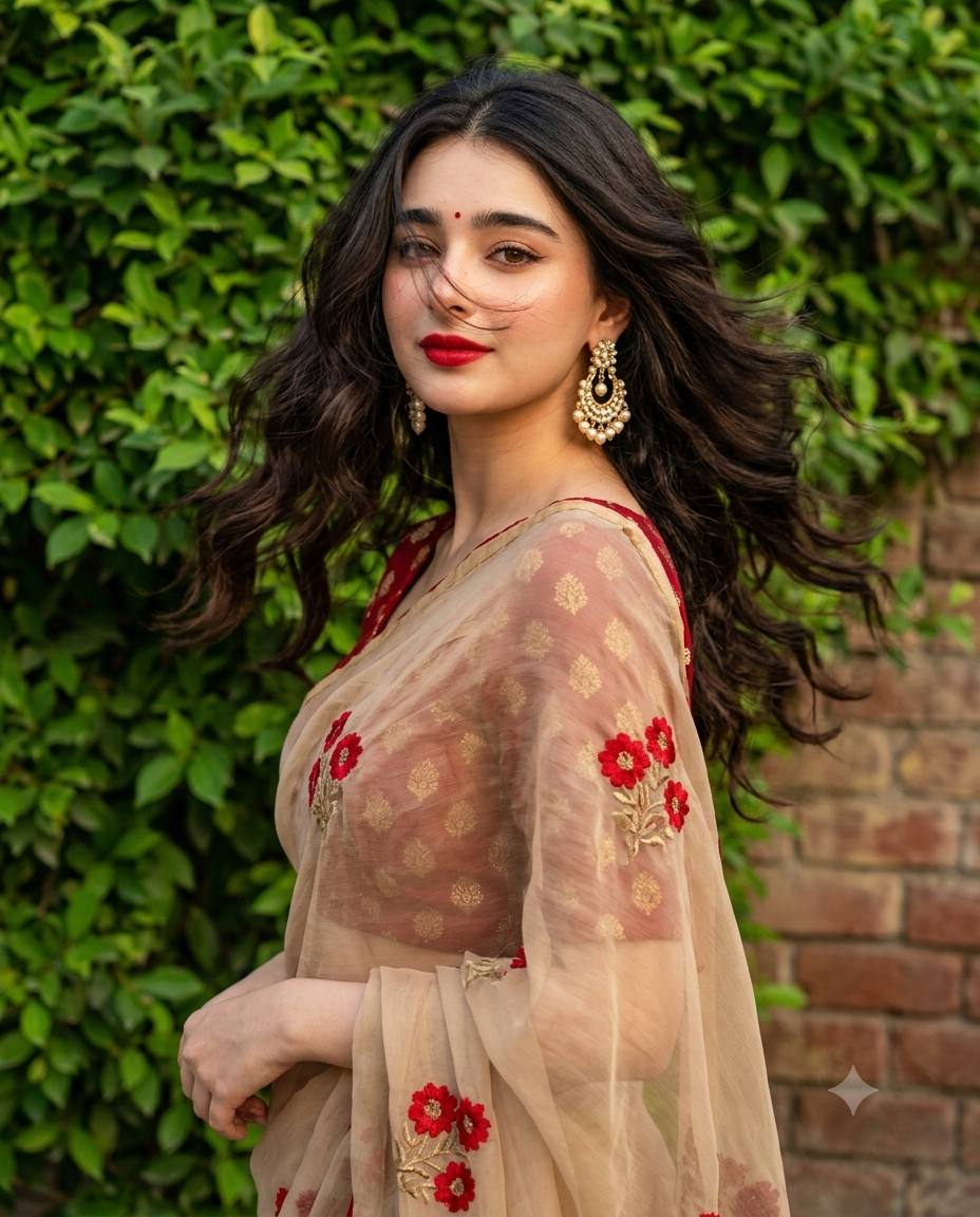 Beige saree portrait AI prompt | Red floral embroidery & windblown hair