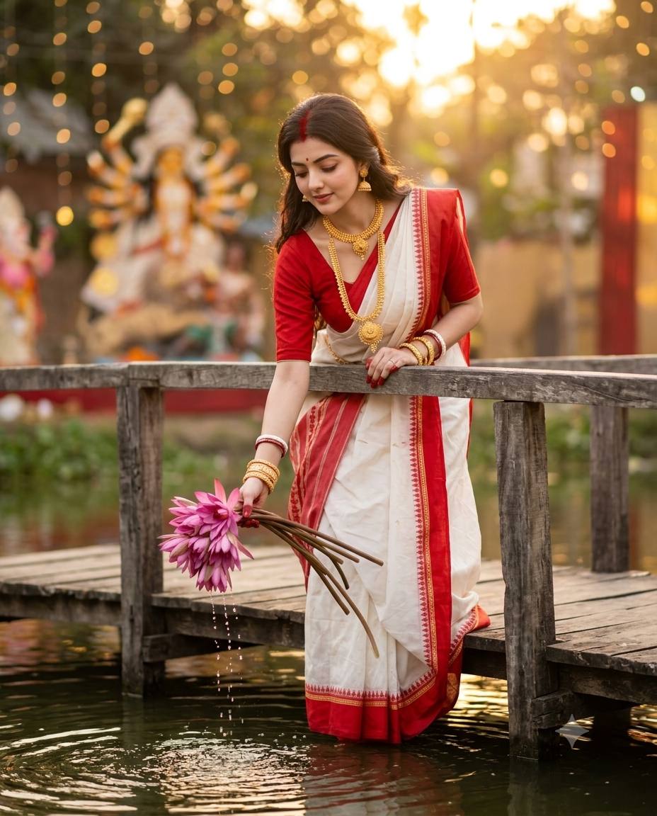 Bengali Durga Puja portrait AI prompt | Lal paar saree & pink lotus