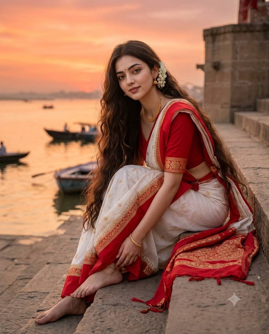 Bengali woman Ganga Ghat AI prompt | Red-white saree & sunset river