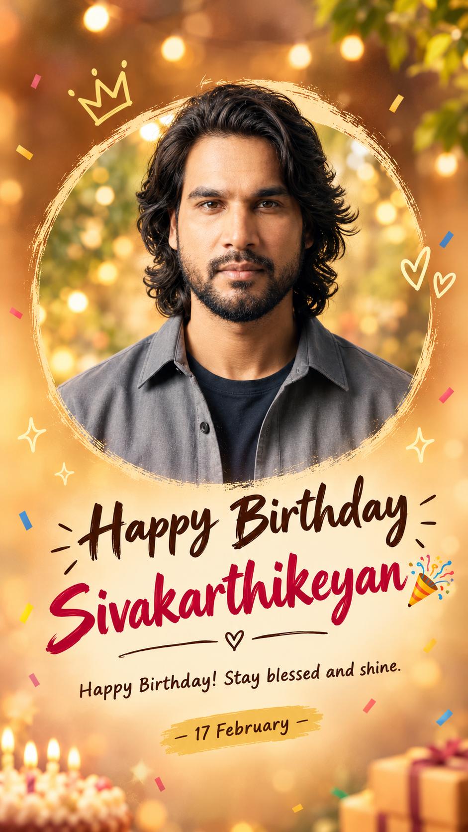 Birthday status AI prompt | Warm 9:16 portrait, fairy lights & festive bokeh