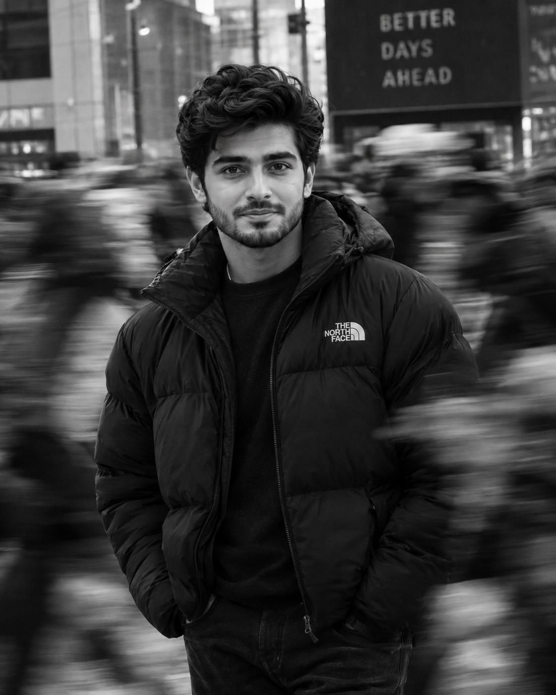 Black and White Street Portrait Cinematic Style AI Image Prompt | Motion Blur Crowd