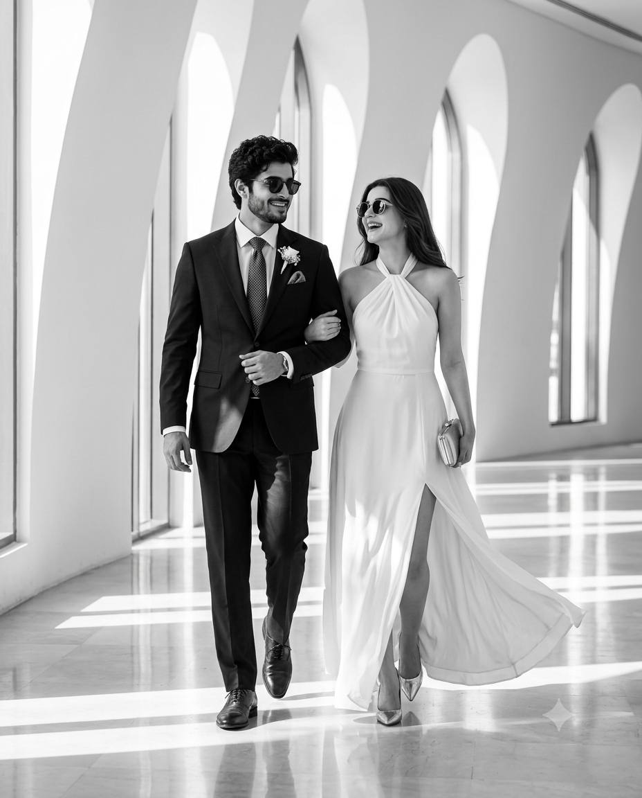 Black and white Glamorous couple portrait AI prompt | White halter dress & sharp suit