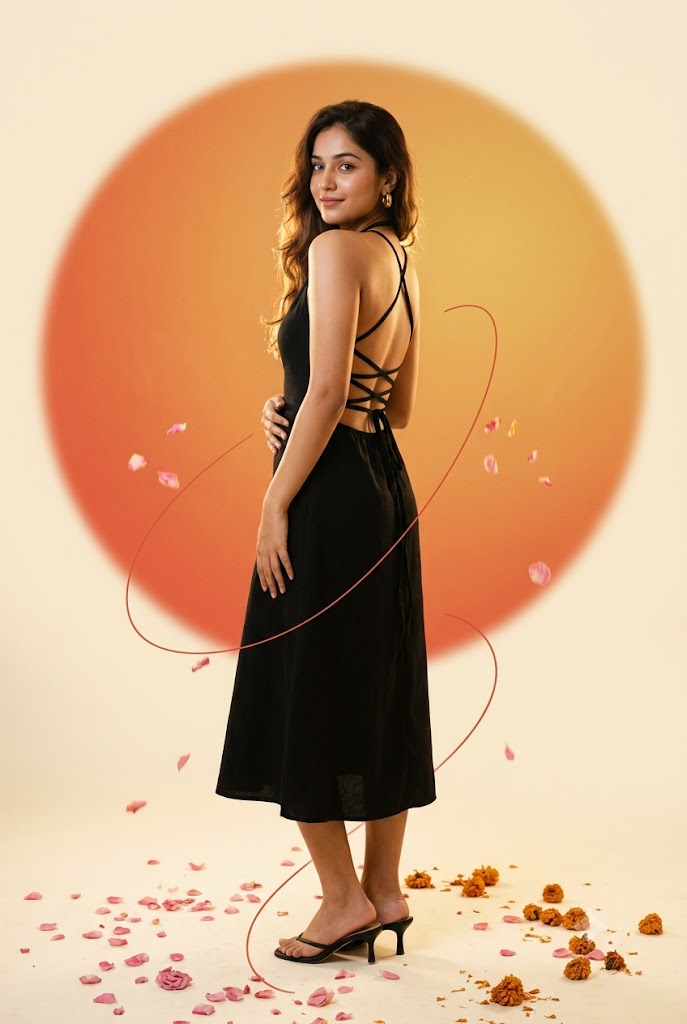 Black Backless Dress Portrait AI Prompt | Cinematic Editorial Fashion Poster