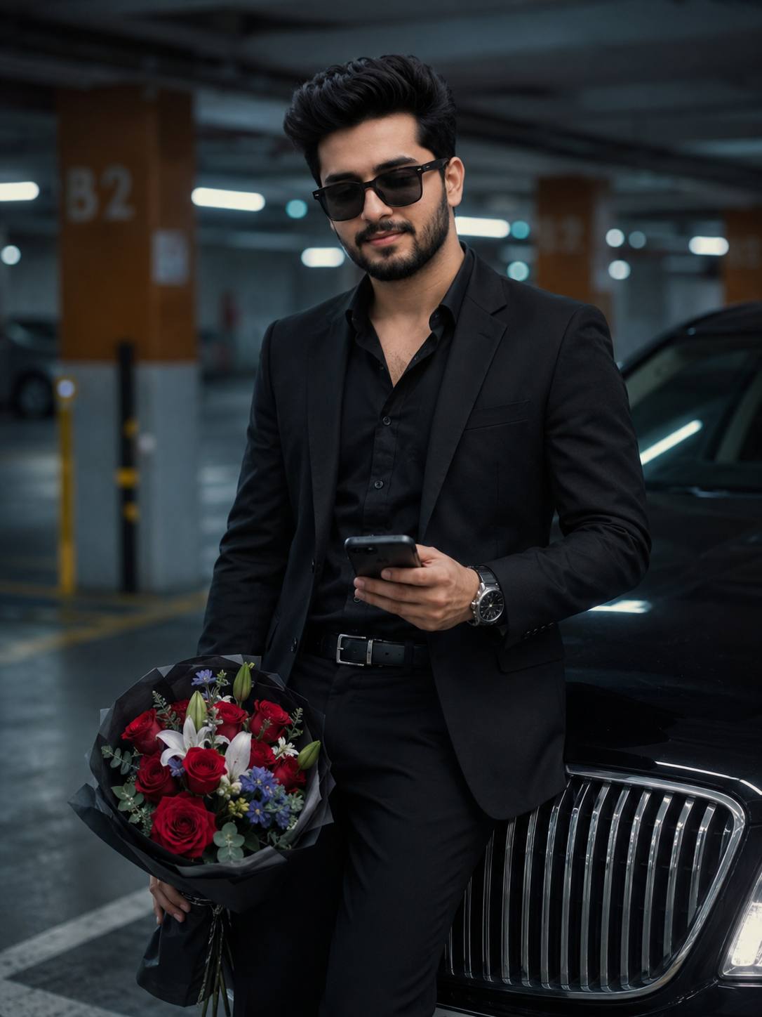 Black Suit Man with Red Rose Bouquet Beside Luxury Car in Parking Garage – Cinematic AI Image Prompt