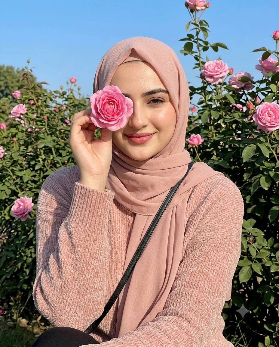 Pink hijab rose portrait AI prompt | Pink rose & blooming garden
