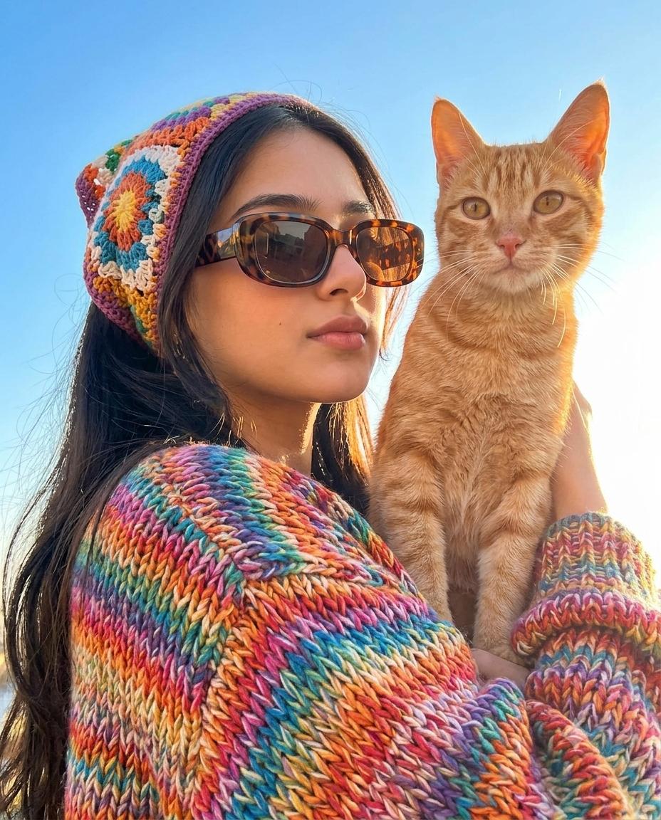 Boho Fashion Cat Portrait Style AI Image Prompt | Colorful Crochet & Blue Sky