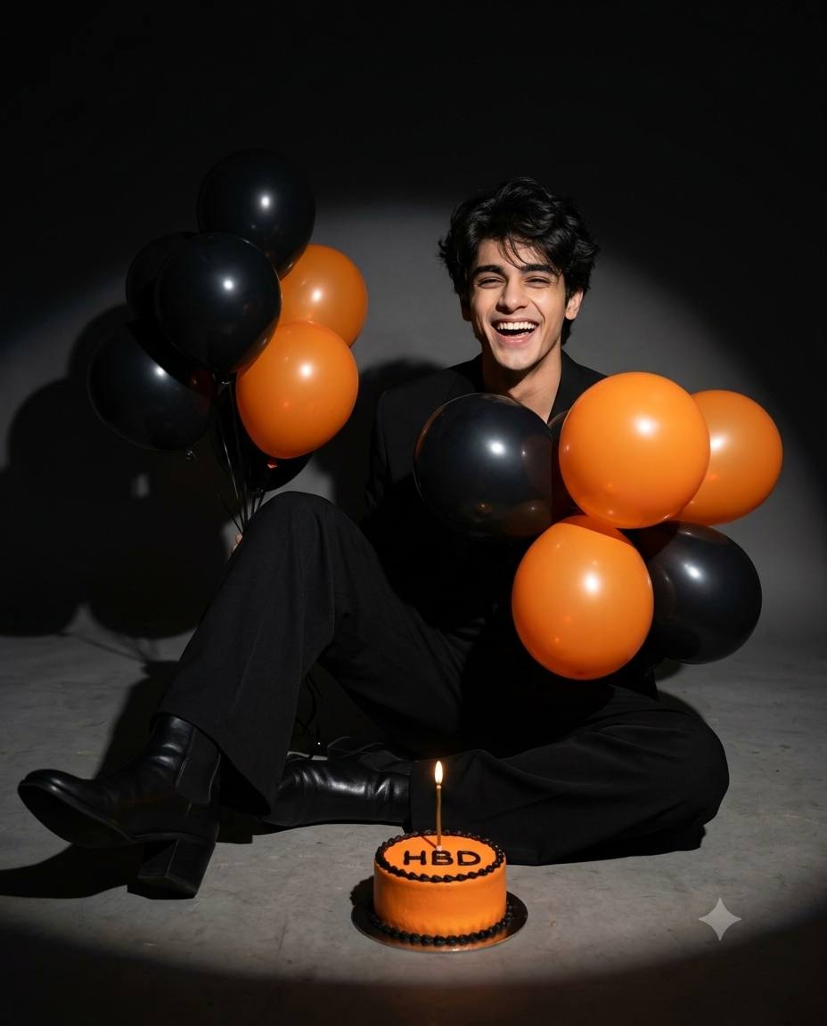 Bold birthday Stylish man AI prompt | All-black outfit, orange balloons & HBD cake
