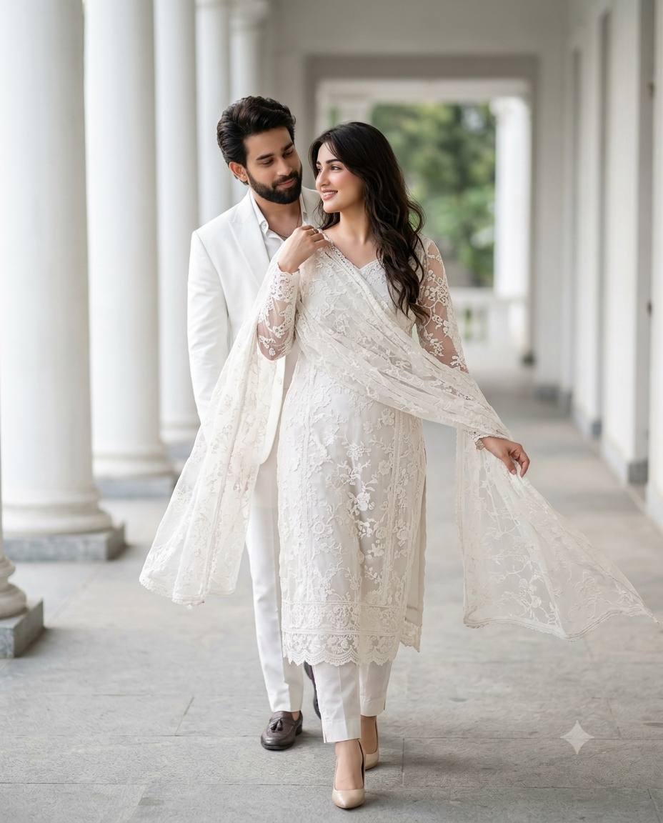 Bollywood salwar suit portrait AI prompt | Classical pillar corridor