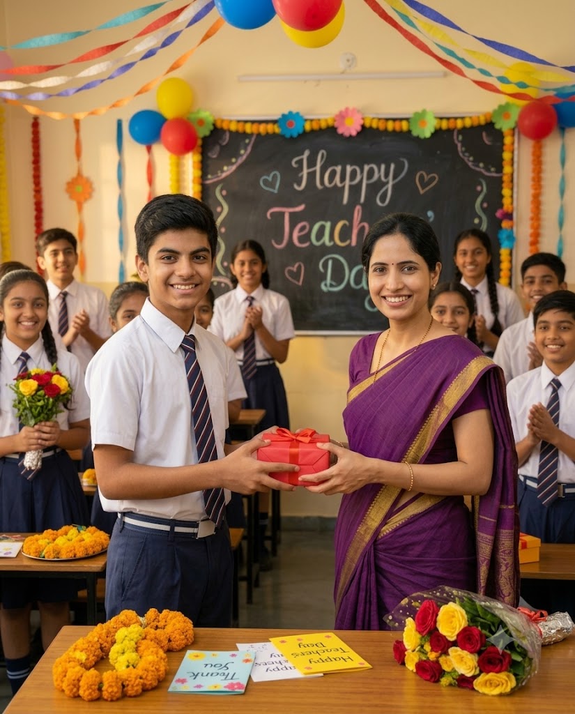 Boy Student Giving Teachers’ Day Gift to Teacher – Realistic AI Image Prompt
