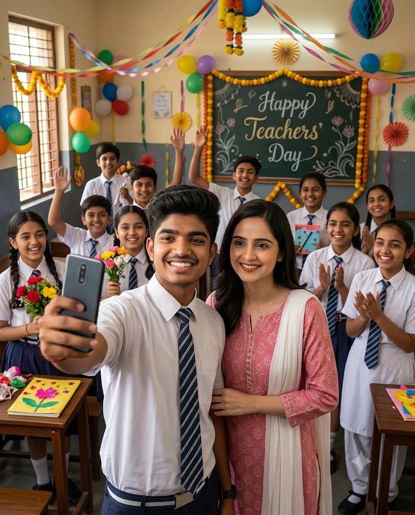 Boy Student Taking Selfie with Female Teacher on Teachers’ Day – AI Photo Prompt