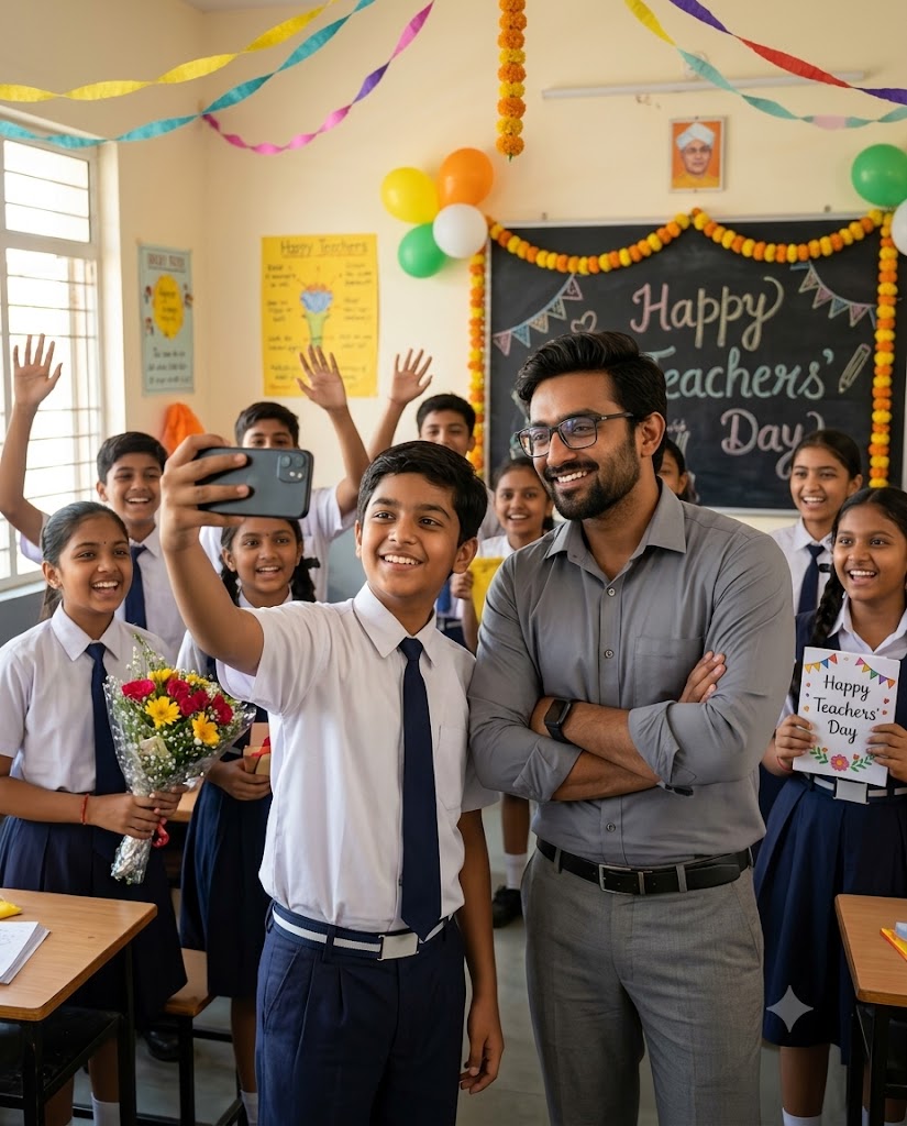 Boy Student Taking Selfie with Male Teacher on Teachers’ Day – AI Photo Prompt