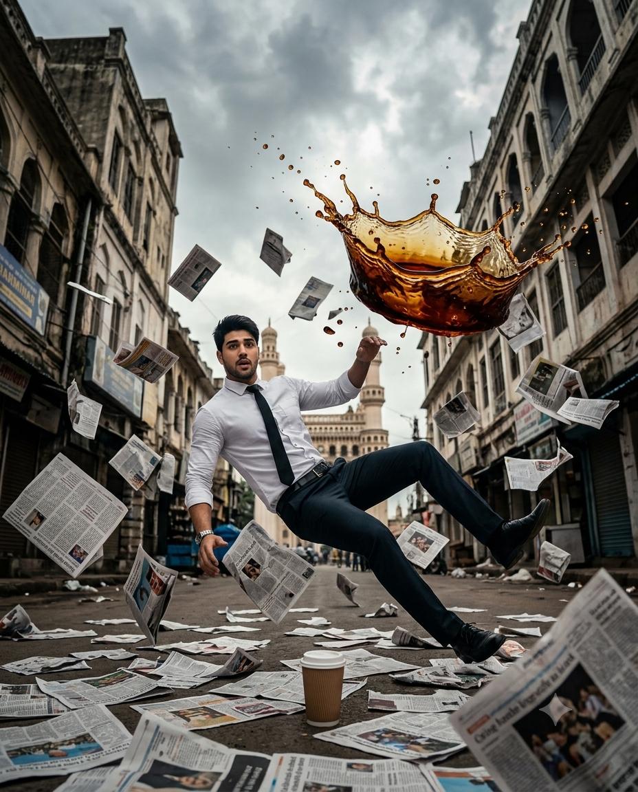 Bullet time Charminar AI prompt | Businessman, frozen coffee & flying newspapers