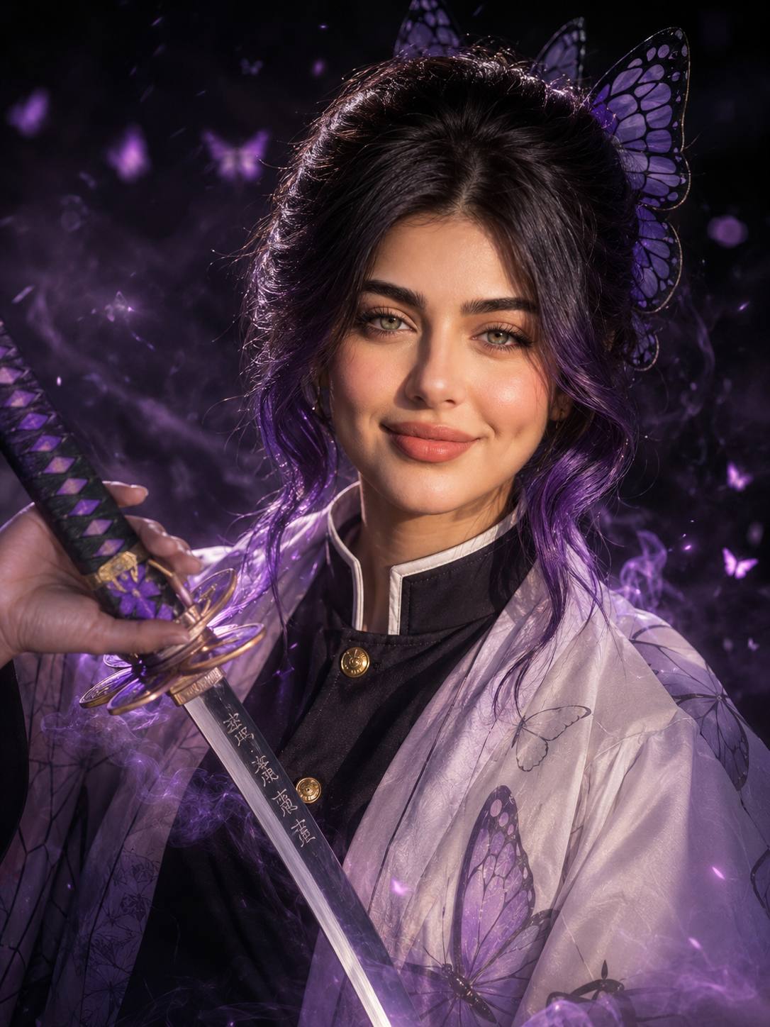 Butterfly Warrior Portrait Prompt | Ultra-Realistic Purple Fantasy Katana Art | AI image prompt