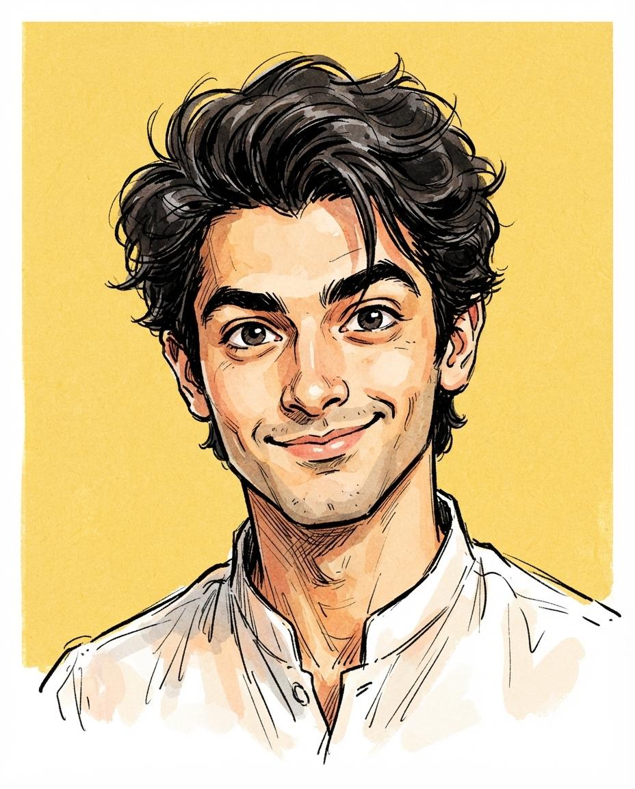 Comic portrait AI prompt | Hand-drawn ink, watercolor & yellow background