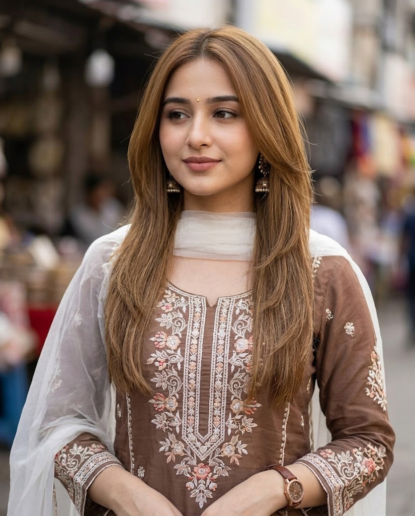 Candid Brown Salwar Kameez Portrait of a Woman with Butterfly Cut Hairstyle AI Image Prompt