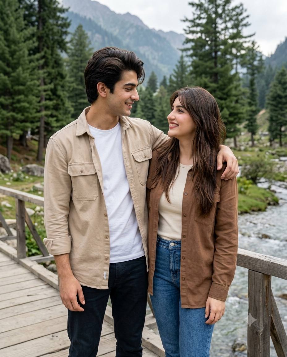 Candid Couple Travel Portrait on Wooden Bridge in Mountains – Ultra Realistic 35mm Aesthetic Photography | AI image prompt