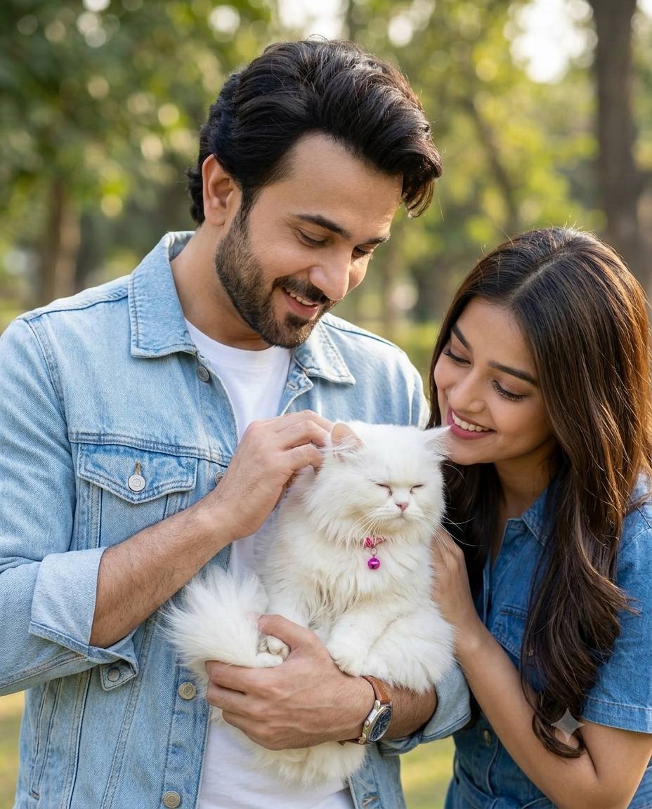 South Asian couple pet AI prompt | Persian cat & heartwarming portrait