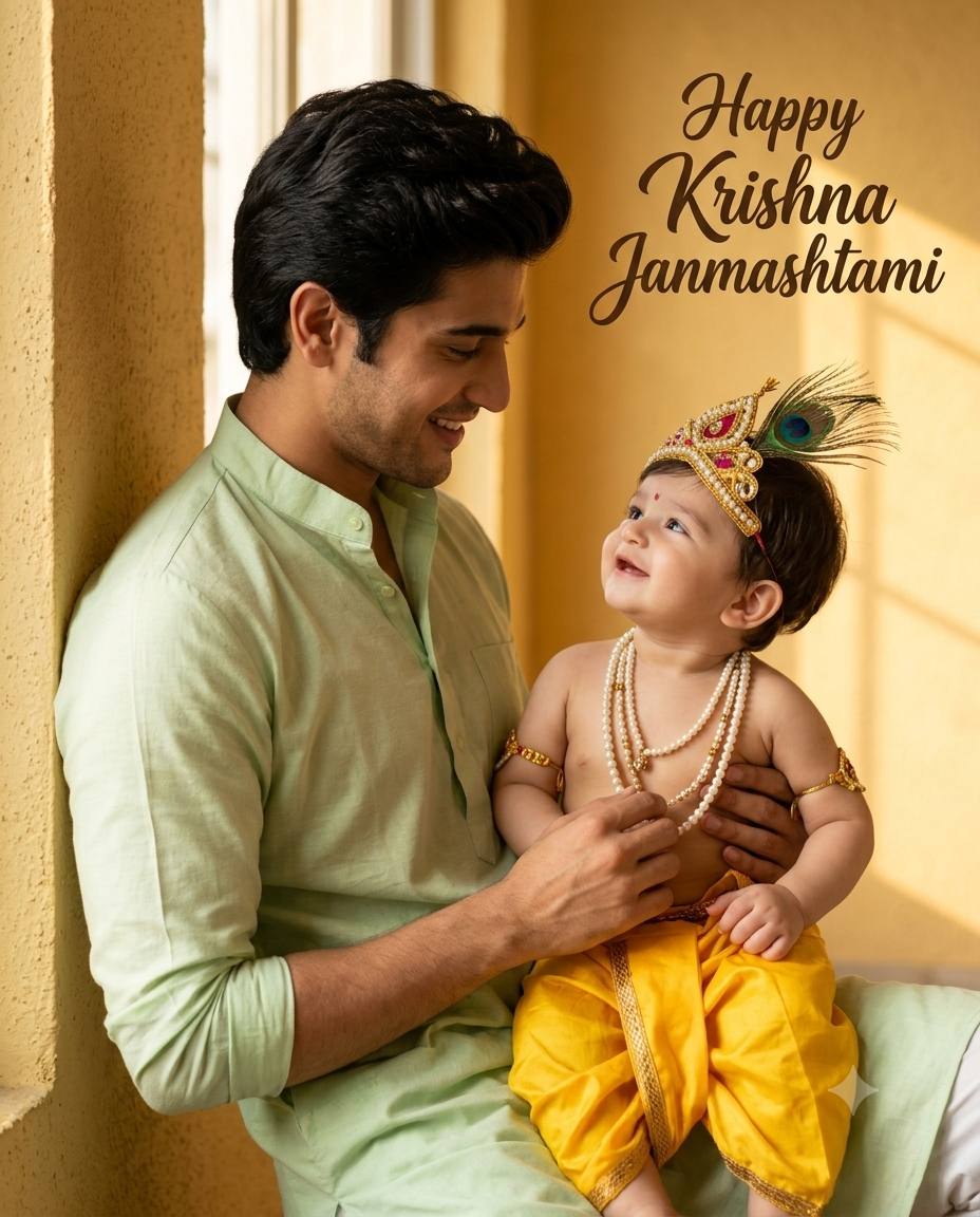 Celebrating Janmashtami with Little Bal Krishna: A Heartfelt Festive Portrait AI photo Prompt