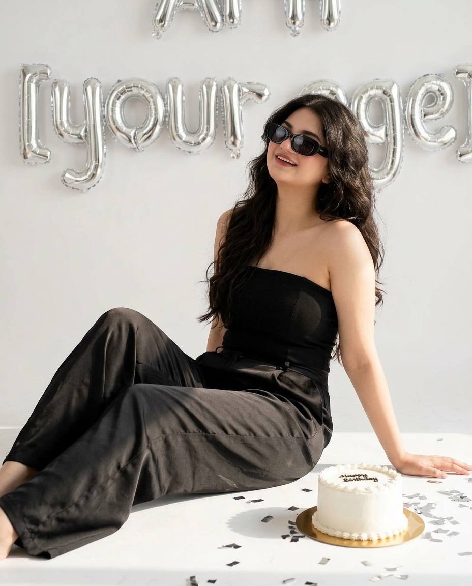 Chic birthday woman AI prompt | Black satin, silver balloons & white cake