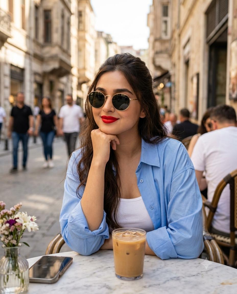 Woman Café Portrait Chic Style AI Image Prompt | Golden-Hour Summer Photography