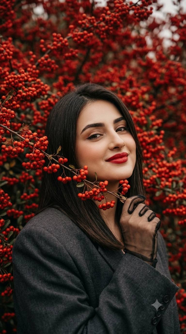 Autumn berry portrait AI prompt | Red mountain ash, graphite jacket and vintage film