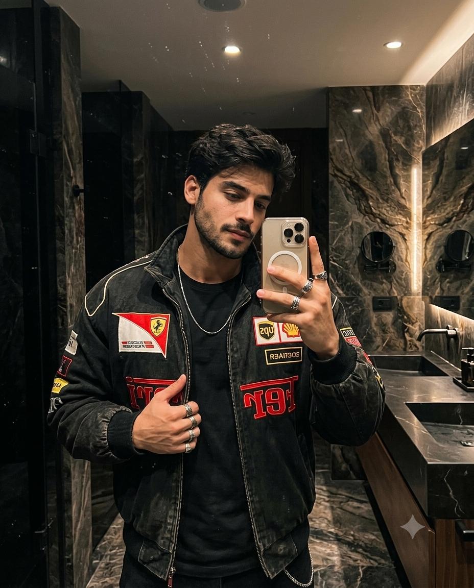 Bathroom mirror selfie AI image prompt Gemini | Black Ferrari racing jacket and moody dark marble aesthetic