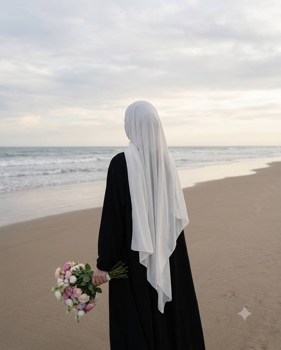 Cinematic beach abaya AI prompt | Black abaya, white hijab & pastel flowers