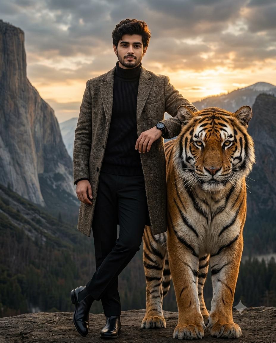 Man Tiger Portrait Cinematic Style AI Image Prompt | 8K Golden-Hour Mountain Landscape