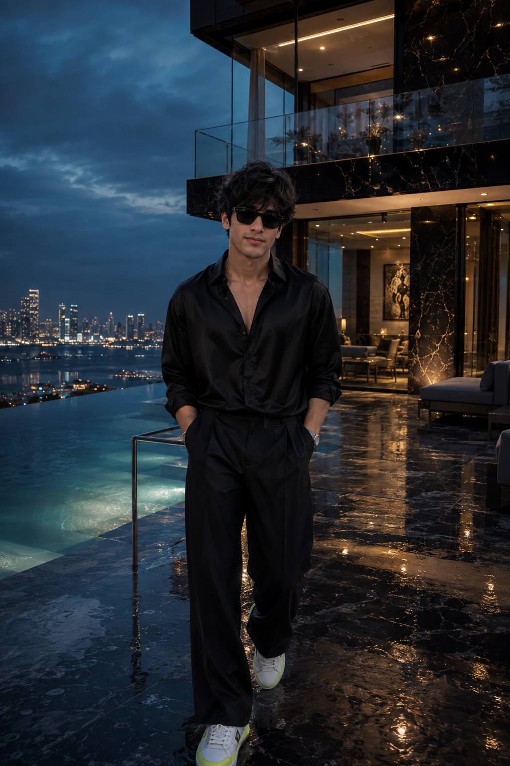 Cinematic Billionaire Style Indian Man Portrait in Luxury Black Fashion AI Image Prompt