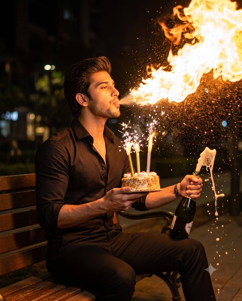 Birthday fire-breathing man AI prompt | Black outfit, cake & glowing flames