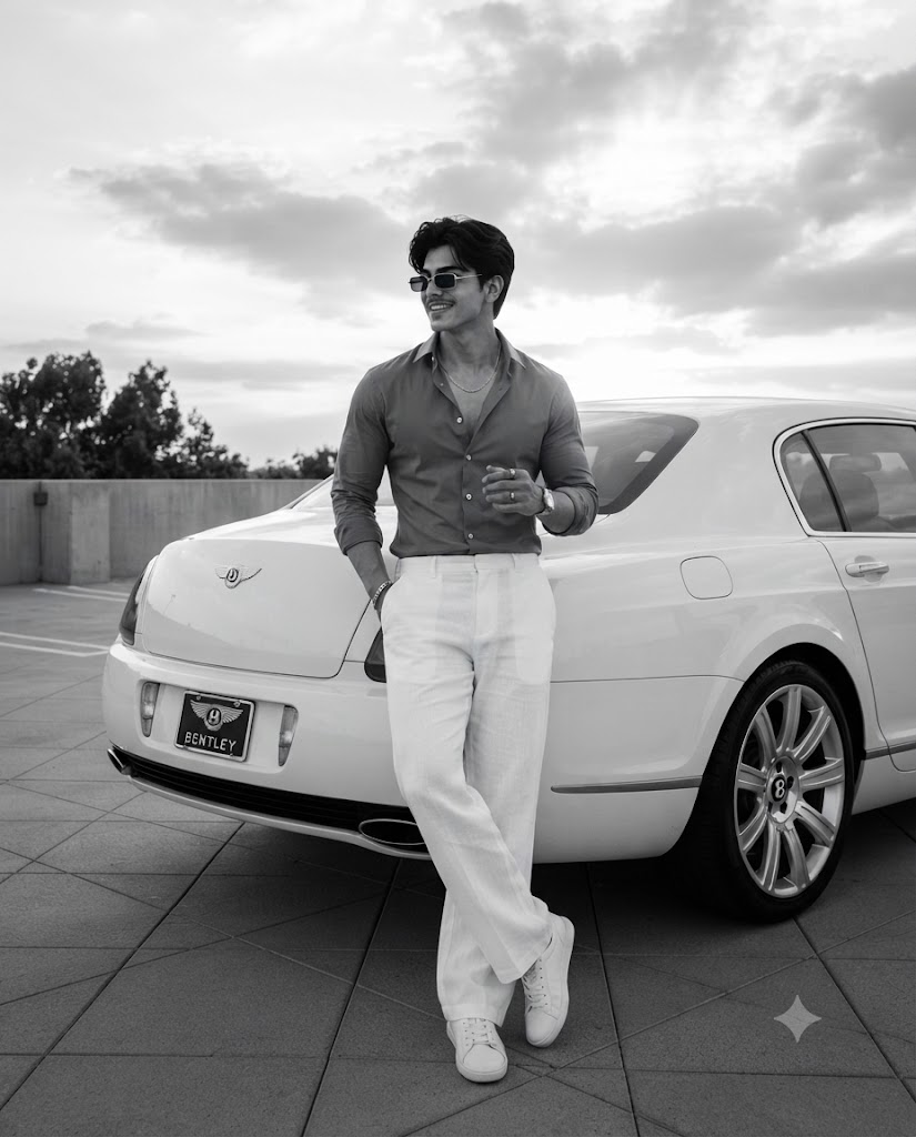 Cinematic Black and White Bentley Luxury Lifestyle Portrait AI Image Prompt