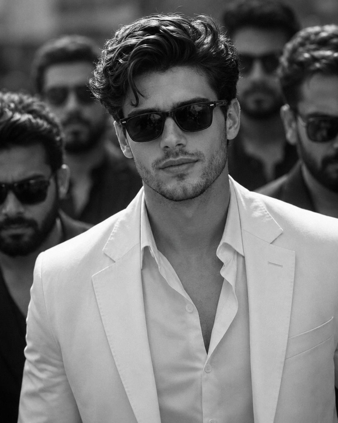 Cinematic Black and White Portrait of a Confident Man in White Coat – AI Image Prompt