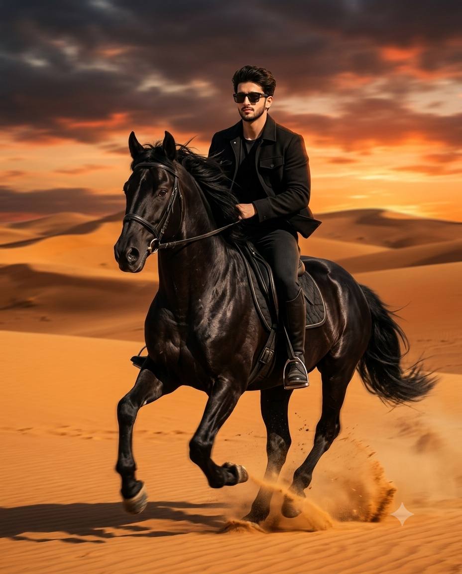 Cinematic Black Horse Desert Ride Portrait | Ultra-Realistic Sunset Action AI Prompt