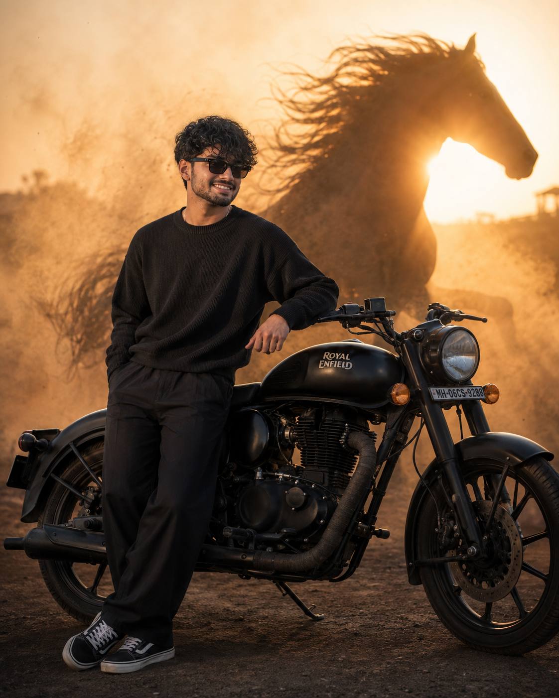 Cinematic Black Outfit Man with Royal Enfield and Dust Horse at Golden Hour – AI Image Prompt