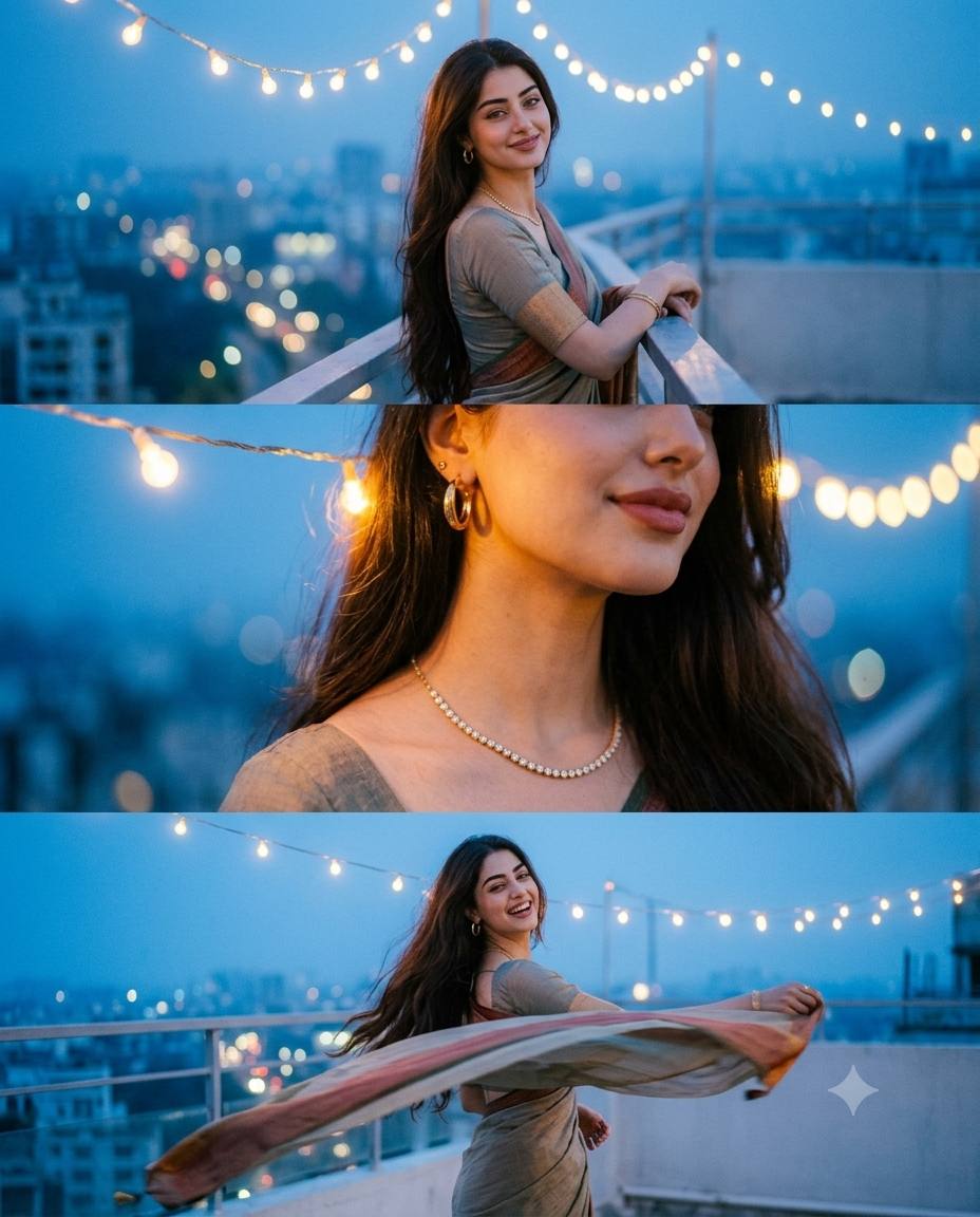 Blue hour saree portrait AI prompt | Rooftop grid, fairy lights and flowing pallu