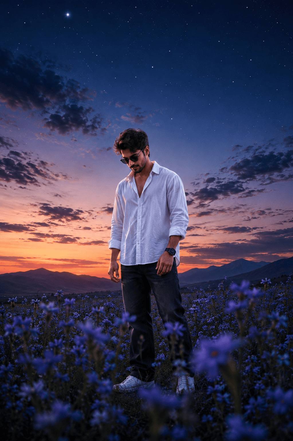 Cinematic Blue Hour Wildflower Field Portrait | Ultra Realistic AI Image Prompt