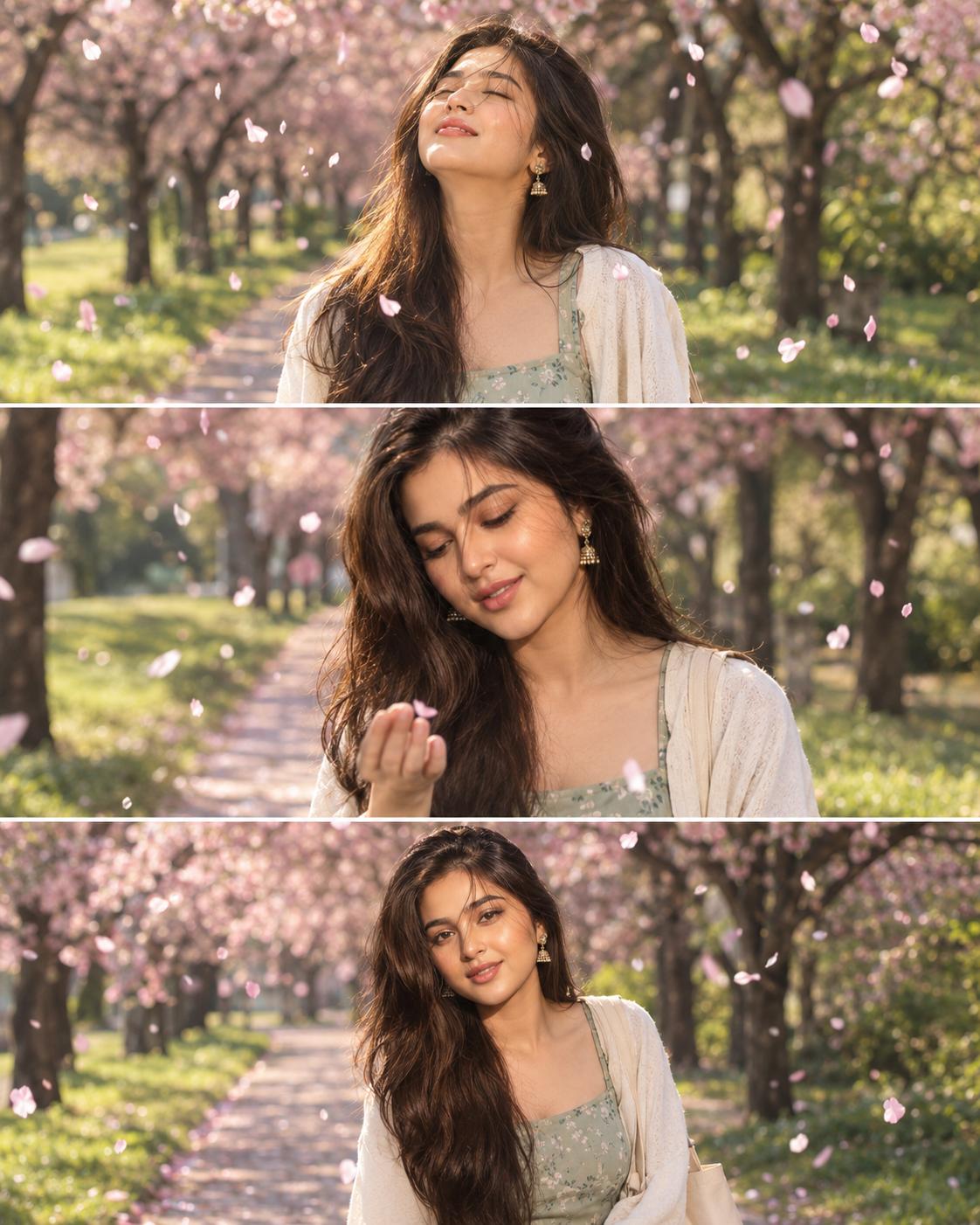 Cinematic Cherry blossom portrait AI prompt | Sage green dress & three-frame spring story