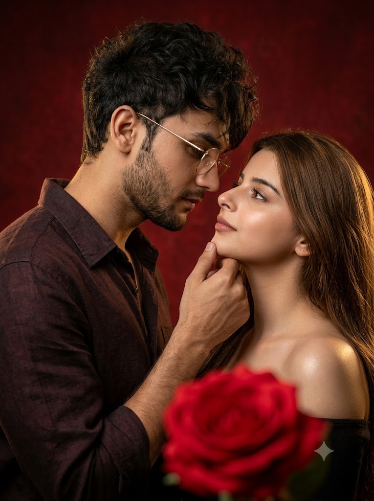 Cinematic Close-Up Couple Portrait: Red Studio, Gold Glasses