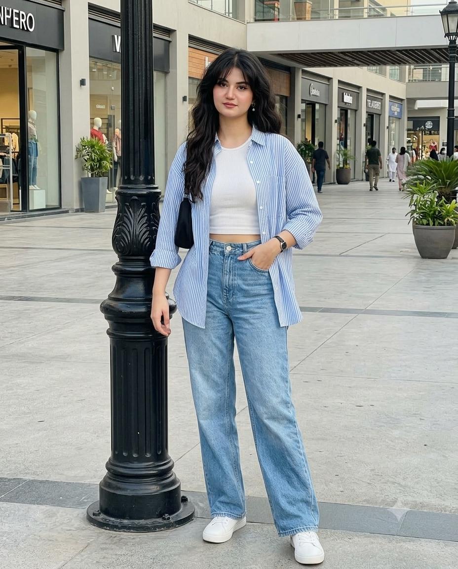 Commercial Plaza Woman Portrait AI Image Prompt | Blue Striped Shirt Wide-Leg Jeans Cinematic Style