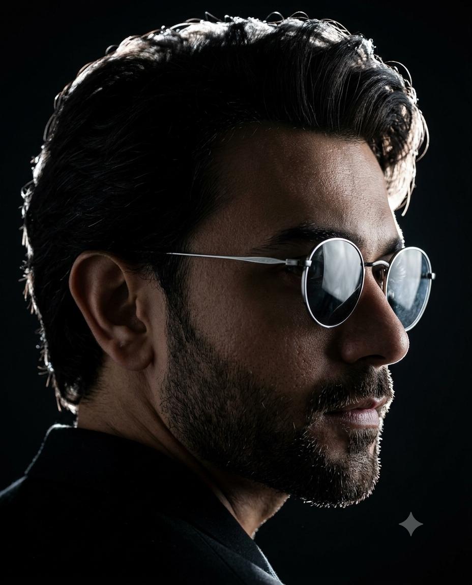 Dark Editorial Sunglasses Portrait AI Image Prompt | Dramatic Rim Light Luxury 8K Poster