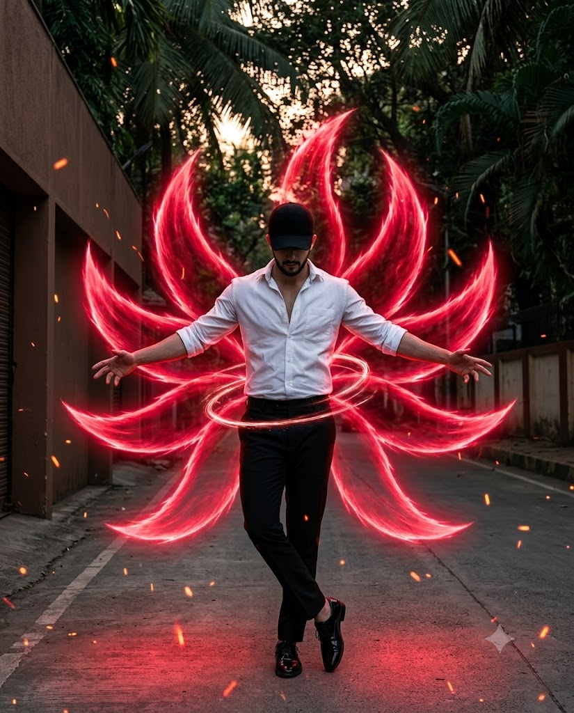 Cinematic Dark Fantasy Portrait with Nine Crimson Energy Tails AI Image Prompt