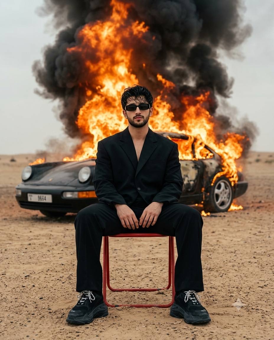 Cinematic Desert Portrait of a Stylish Man with Burning Porsche – Ultra-Realistic AI Image Prompt