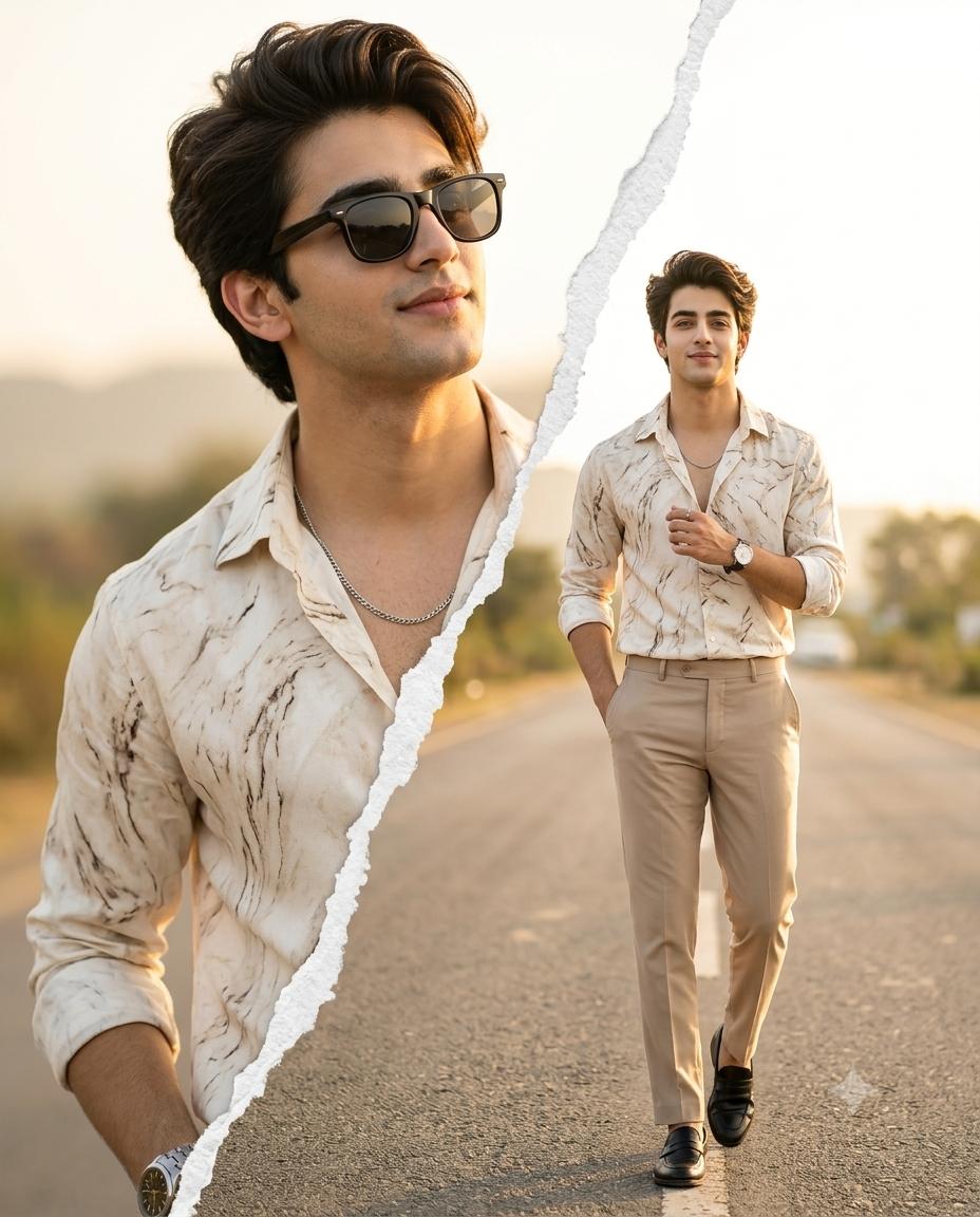 Cinematic man double exposure AI prompt | Paper tear collage & luxury fashion