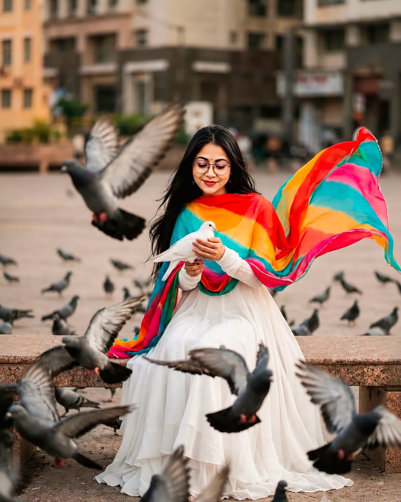 Cinematic Dove Portrait AI Prompt | Elegant Anarkali Fashion Editorial Photography